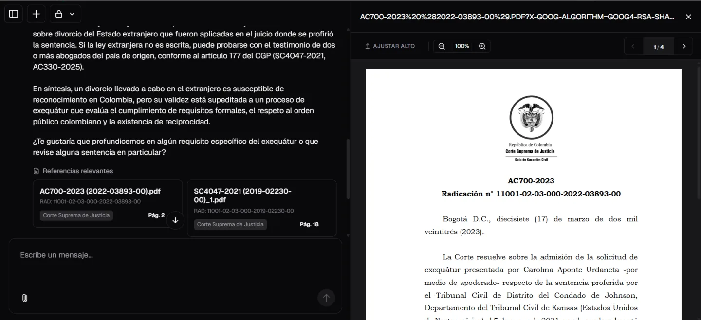 Enndor respondiendo una consulta jurídica con la sentencia original de la Corte Suprema abierta al lado